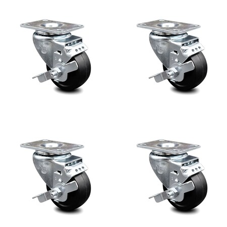 Service Caster 3 Inch Soft Rubber Wheel Swivel Top Plate Caster Set with Brake SCC-20S314-SRS-TLB-4